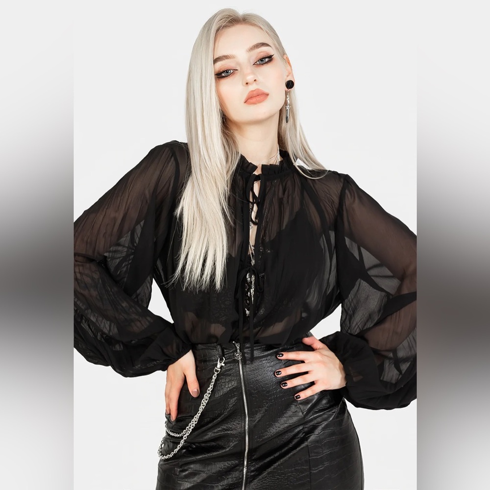 NWT Disturbia Villain Textured Tie Blouse in Black Size UK 20 US 16